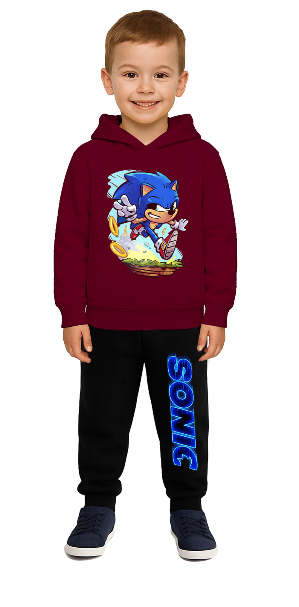 Sonic Baskılı Çocuk Eşofman Takımı 3 İplik Şardonlu Pamuklu Kumaş Kapüşonlu