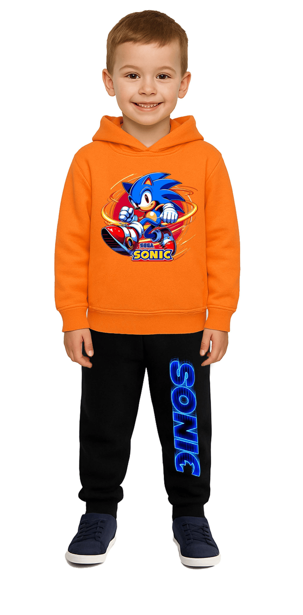 Sonic Baskılı Çocuk Eşofman Takımı 3 İplik Şardonlu Pamuklu Kumaş Kapüşonlu
