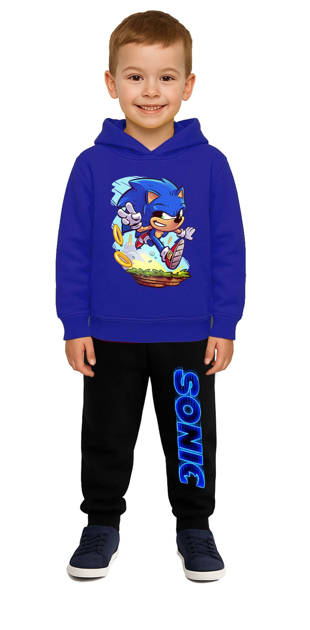 Sonic Baskılı Çocuk Eşofman Takımı 3 İplik Şardonlu Pamuklu Kumaş Kapüşonlu