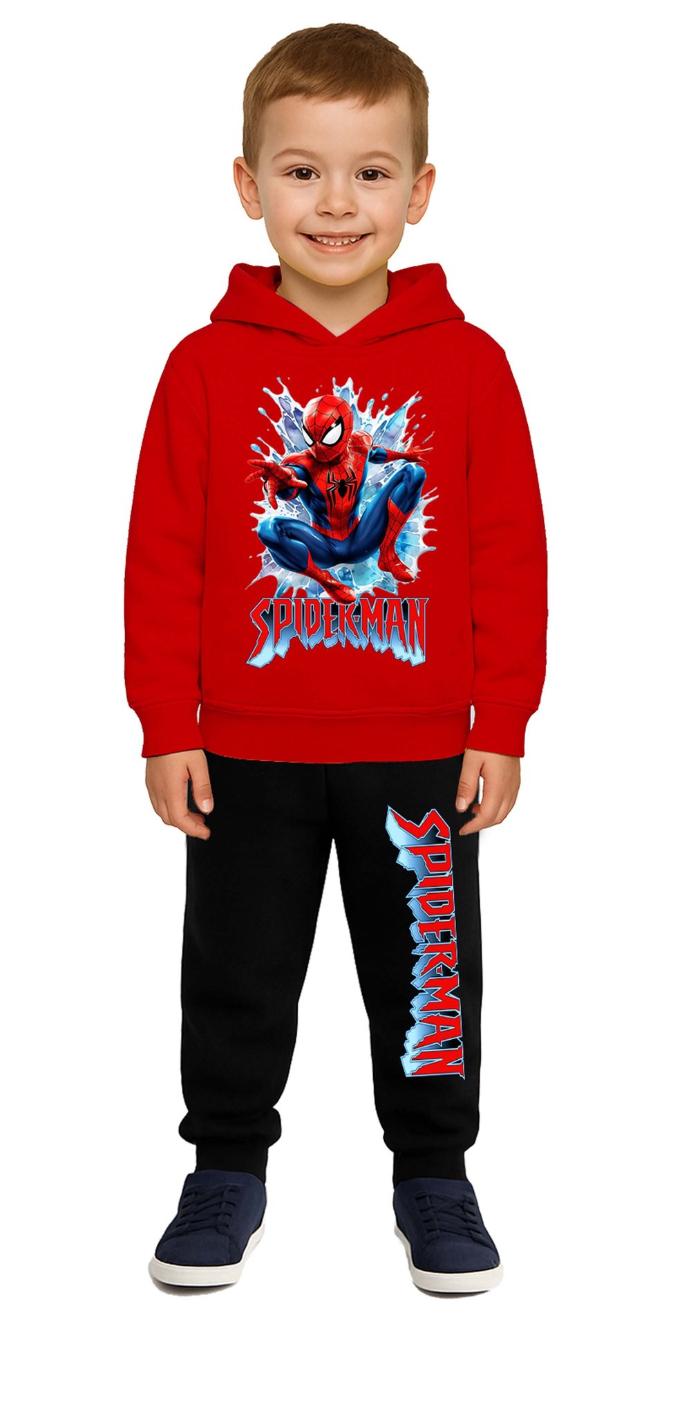 Spiderman Baskılı Çocuk Eşofman Takımı 3 İplik Şardonlu Pamuklu Kumaş Kapüşonlu