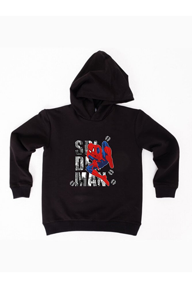 Spiderman baskılı örümcek adam kapüşonlu pamuklu kumaş çocuk sweatshirt