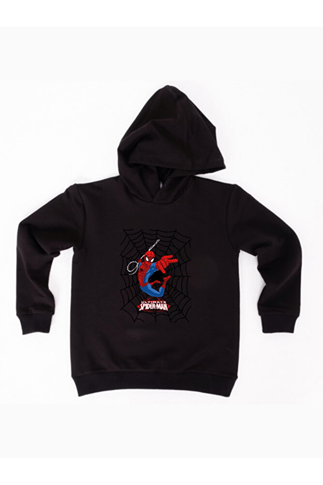 Spiderman baskılı örümcek adam kapüşonlu pamuklu kumaş çocuk sweatshirt