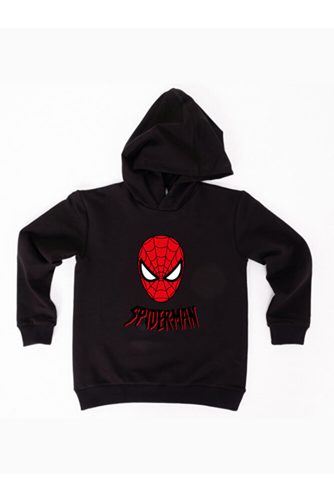 Spiderman baskılı örümcek adam kapüşonlu pamuklu kumaş çocuk sweatshirt