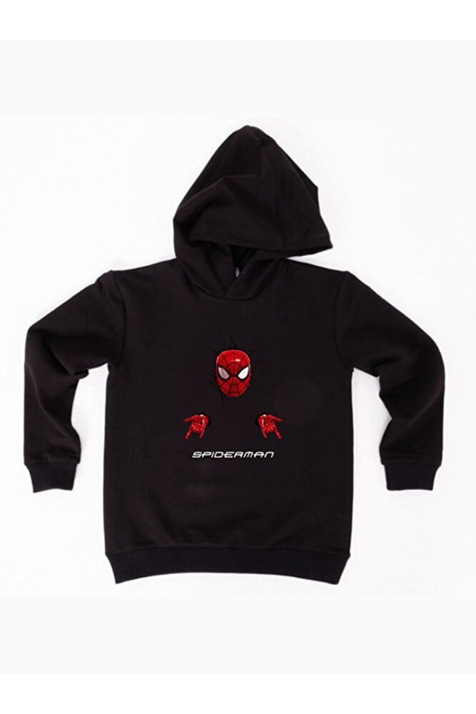 Spiderman baskılı örümcek adam kapüşonlu pamuklu kumaş çocuk sweatshirt