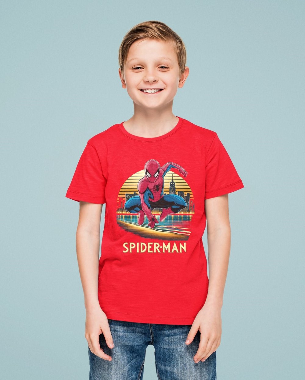 Spiderman baskılı örümcek adam pamuklu penye kumaş yazlık çocuk tişört