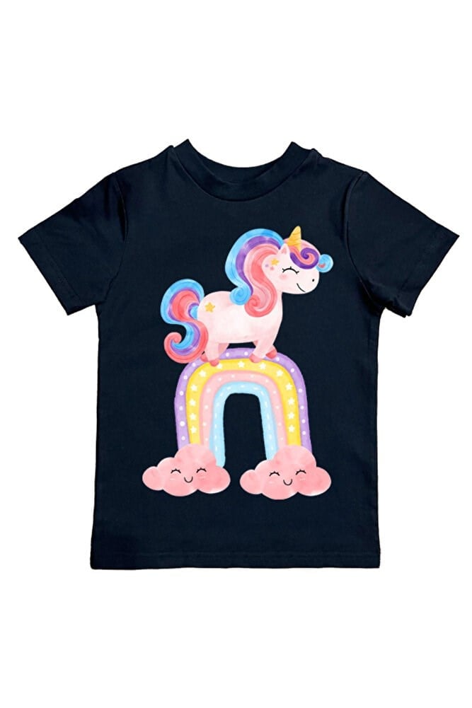 Unicorn baskılı pamuklu penye kumaş yazlık çocuk tişört