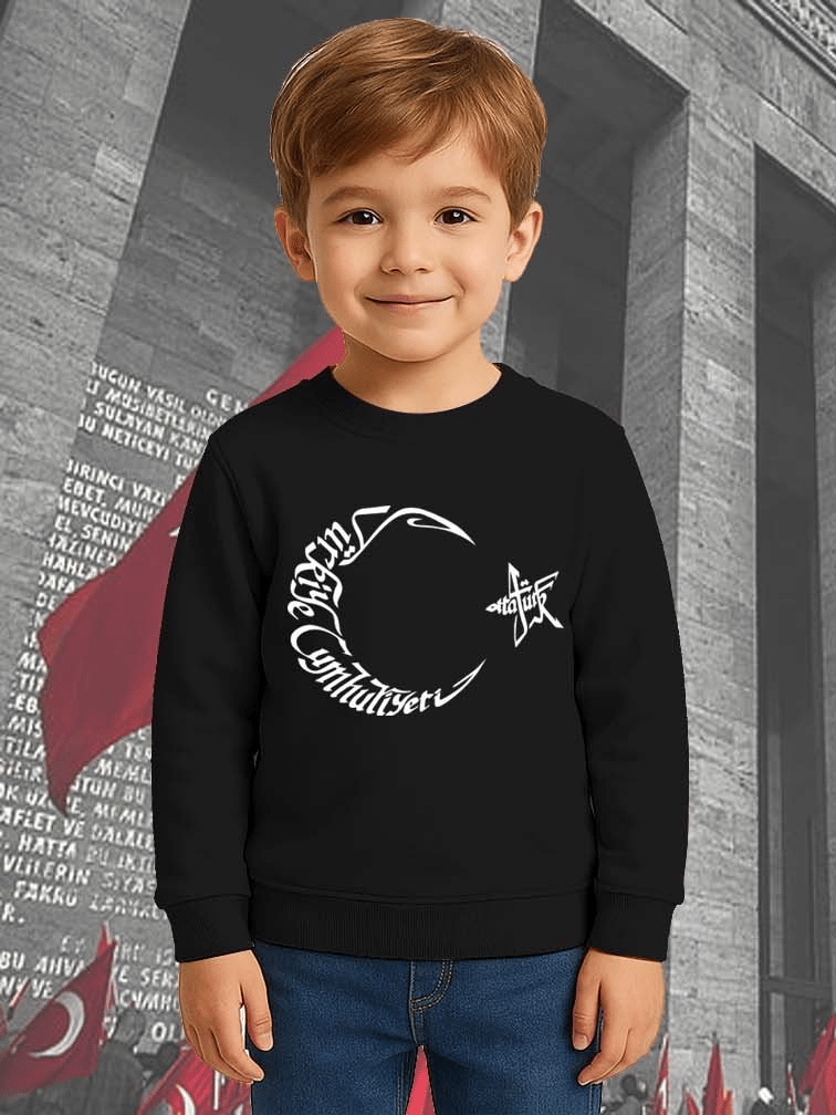Unisex Ay Yıldızlı 19 Mayıs 29 Ekim 23 Nisan 10 Kasım Atatürk Çocuk 3 İplik Şardonlu Sweatshirt