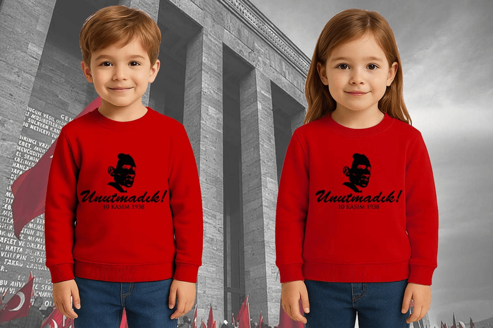 Unisex Ay Yıldızlı 19 Mayıs 29 Ekim 23 Nisan 10 Kasım Atatürk Çocuk 3 İplik Şardonlu Sweatshirt