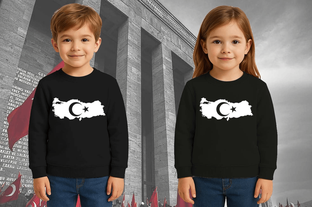 Unisex Ay Yıldızlı 19 Mayıs 29 Ekim 23 Nisan 10 Kasım Atatürk Çocuk 3 İplik Şardonlu Sweatshirt