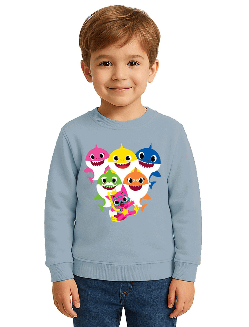 Unisex baby shark Baskılı Çocuk Swaetshirt 3 İplik Şardonlu