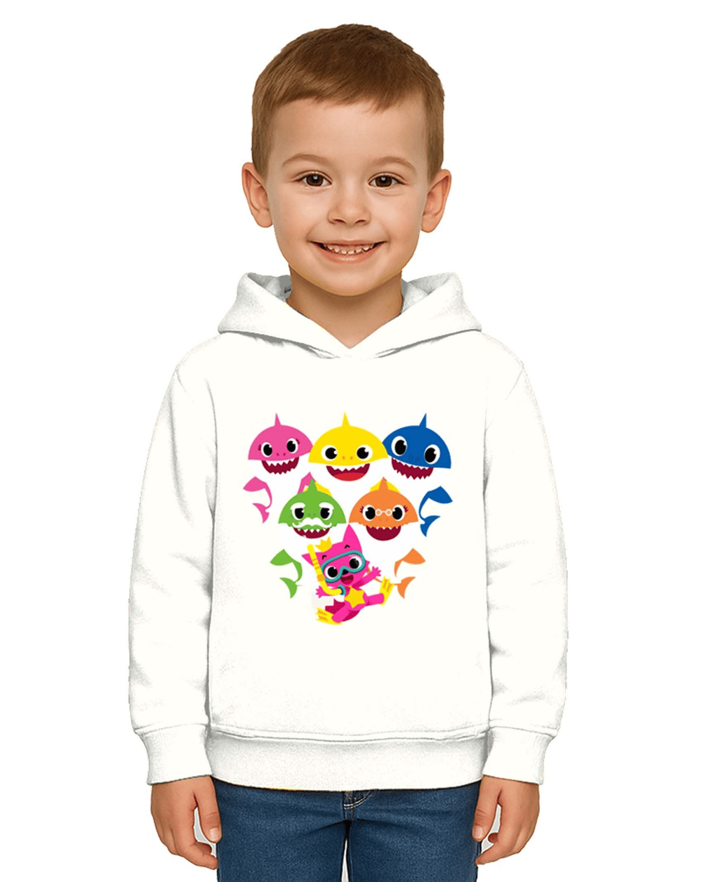 Unisex baby shark Baskılı Çocuk Swaetshirt Kapşonlu 3 İplik Şardonlu