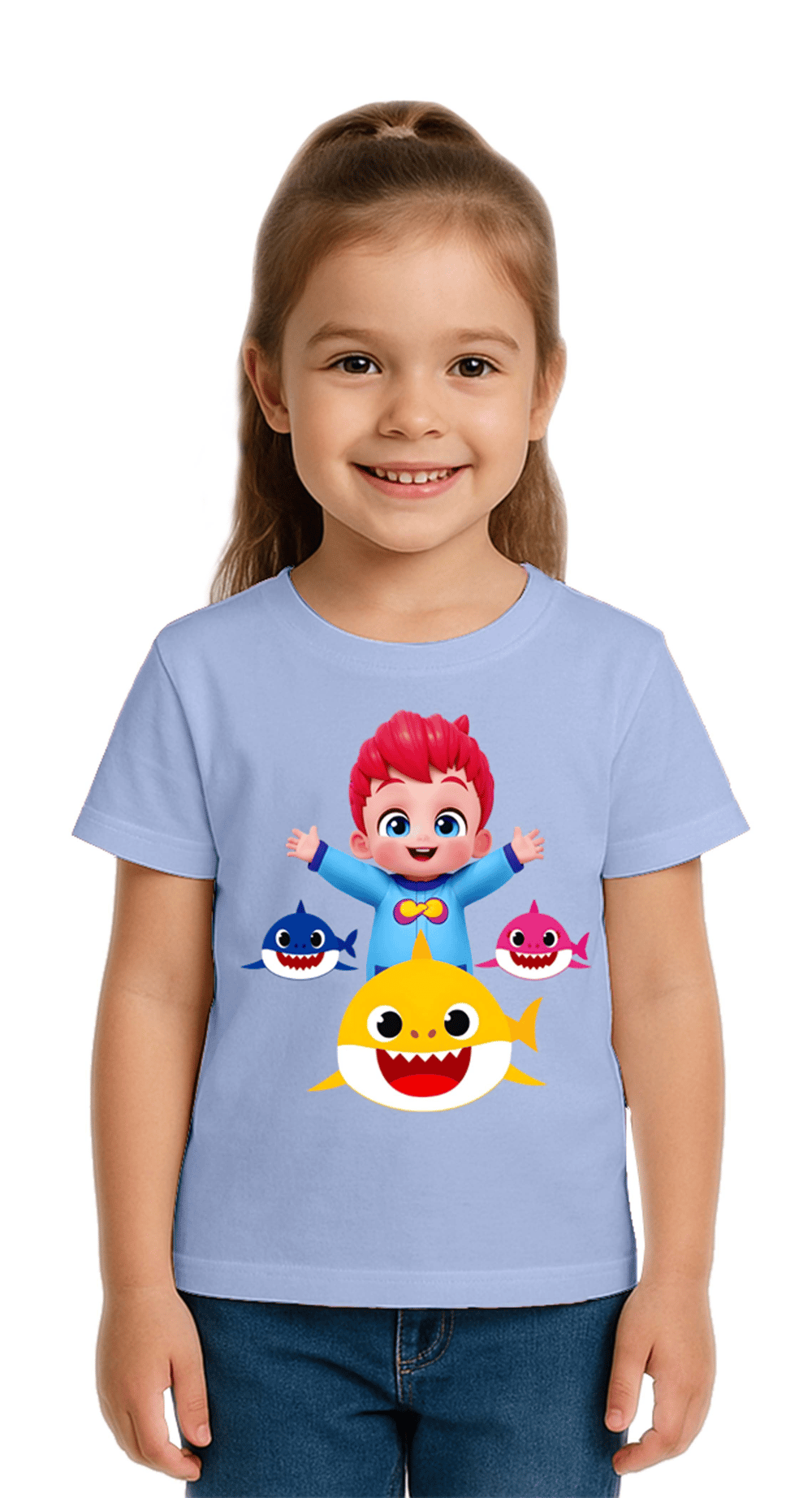 Unisex Baby Shark  Baskılı Çocuk Tişört pamuklu penye kumaş