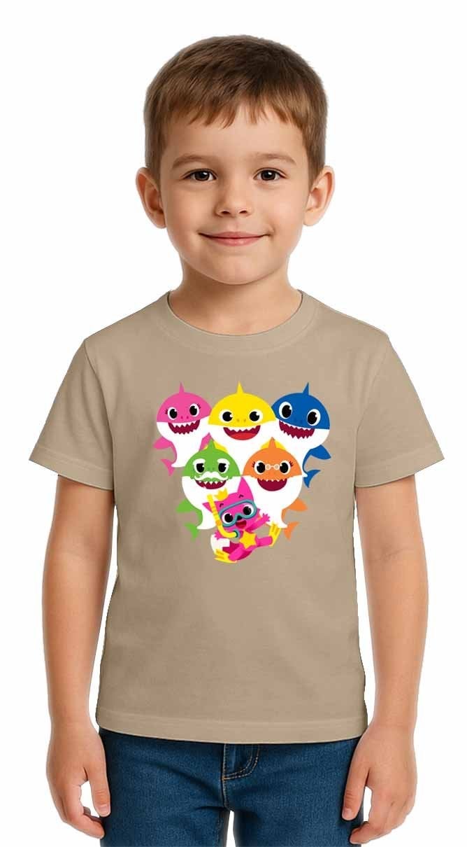 Unisex Baby Shark Baskılı Çocuk Tişört pamuklu penye kumaş