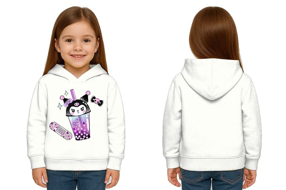 Unisex Baskılı Çocuk Swaetshirt Kapüşonlu 3 İplik Şardonlu Kuromi baskılı