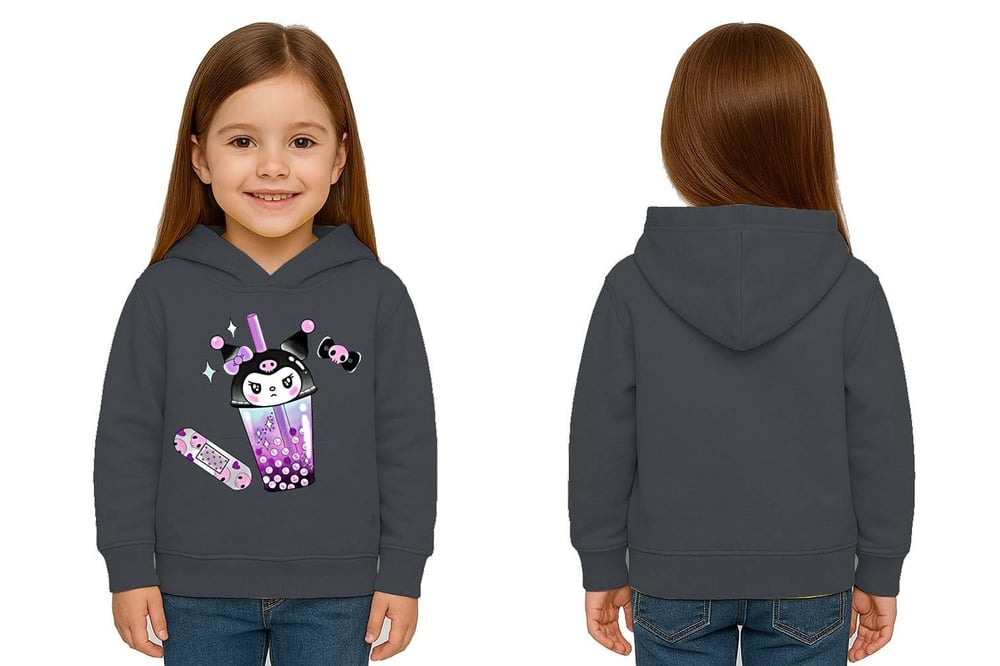 Unisex Baskılı Çocuk Swaetshirt Kapüşonlu 3 İplik Şardonlu Kuromi baskılı