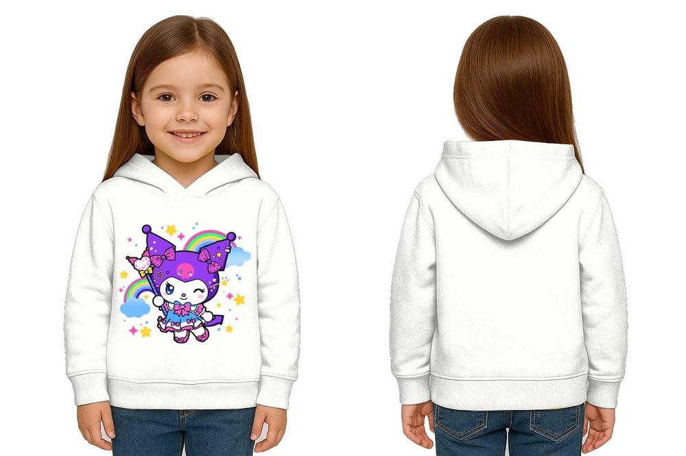 Unisex Baskılı Çocuk Swaetshirt Kapüşonlu 3 İplik Şardonlu Kuromi baskılı