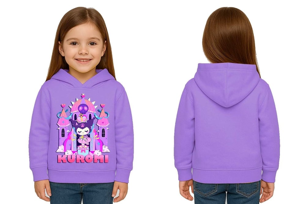 Unisex Baskılı Çocuk Swaetshirt Kapüşonlu 3 İplik Şardonlu Kuromi baskılı