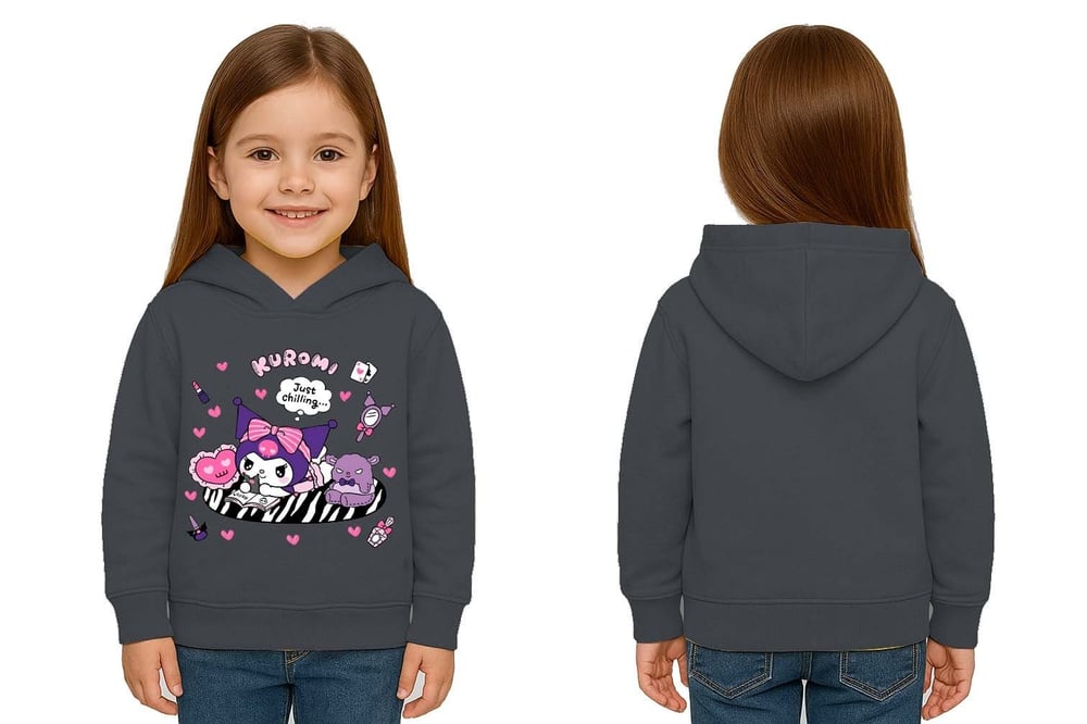 Unisex Baskılı Çocuk Swaetshirt Kapüşonlu 3 İplik Şardonlu Kuromi baskılı