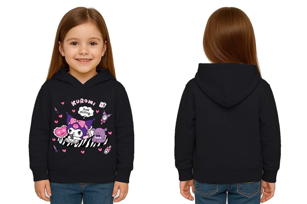 Unisex Baskılı Çocuk Swaetshirt Kapüşonlu 3 İplik Şardonlu Kuromi baskılı