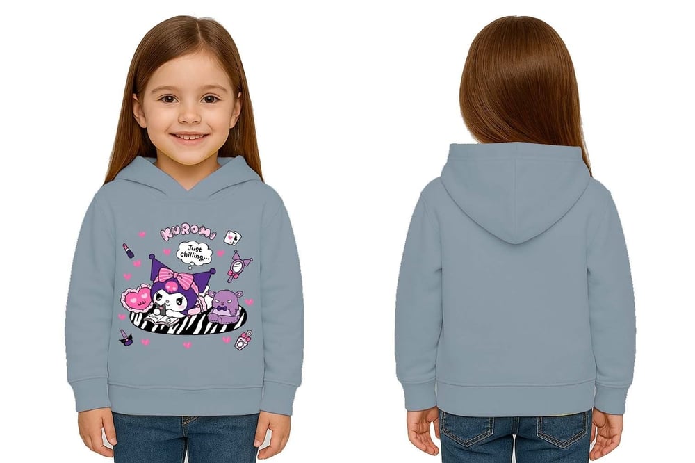 Unisex Baskılı Çocuk Swaetshirt Kapüşonlu 3 İplik Şardonlu Kuromi baskılı