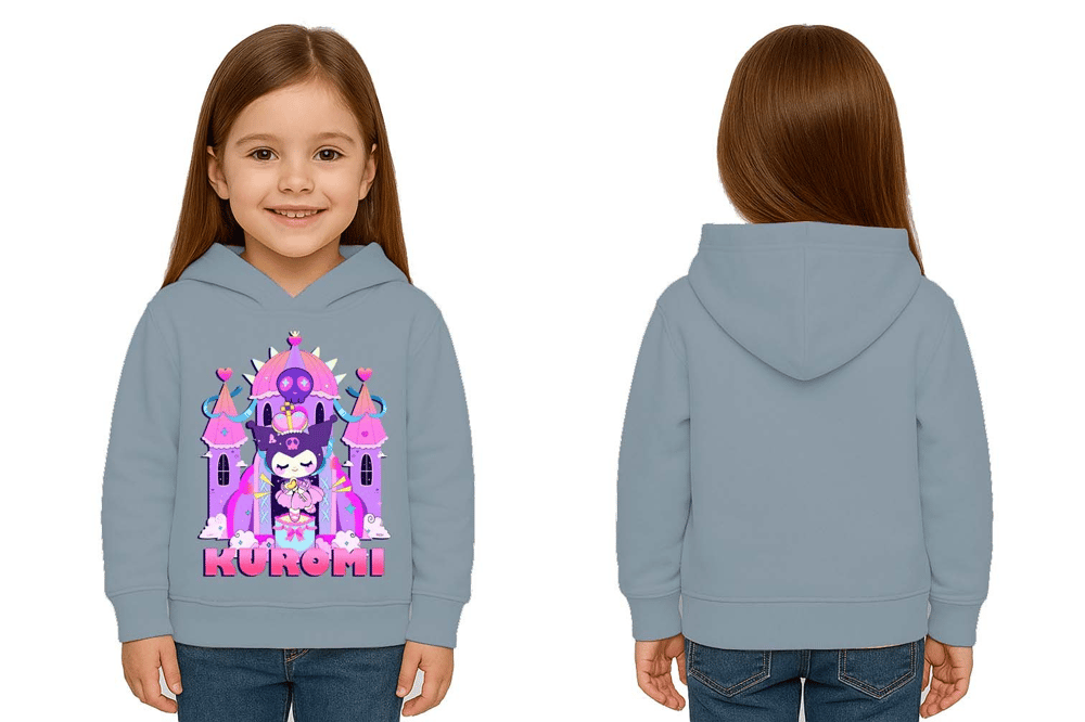 Unisex Baskılı Çocuk Swaetshirt Kapüşonlu 3 İplik Şardonlu Kuromi baskılı