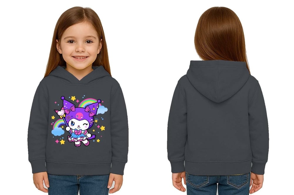 Unisex Baskılı Çocuk Swaetshirt Kapüşonlu 3 İplik Şardonlu Kuromi baskılı