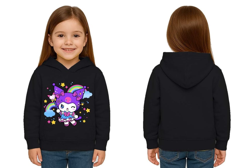 Unisex Baskılı Çocuk Swaetshirt Kapüşonlu 3 İplik Şardonlu Kuromi baskılı