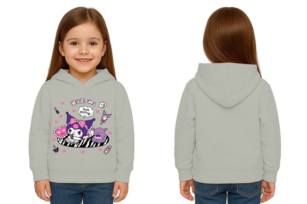 Unisex Baskılı Çocuk Swaetshirt Kapüşonlu 3 İplik Şardonlu Kuromi baskılı