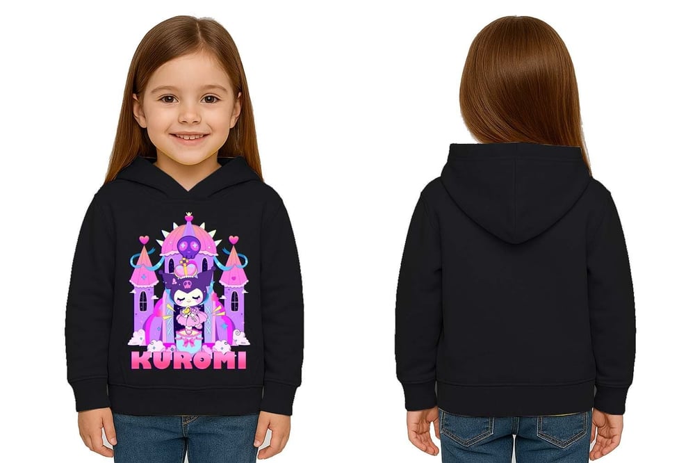 Unisex Baskılı Çocuk Swaetshirt Kapüşonlu 3 İplik Şardonlu Kuromi baskılı