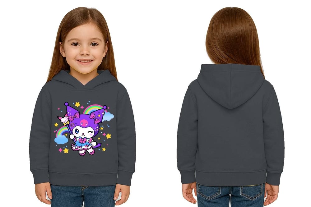 Unisex Baskılı Çocuk Swaetshirt Kapüşonlu 3 İplik Şardonlu Kuromi baskılı