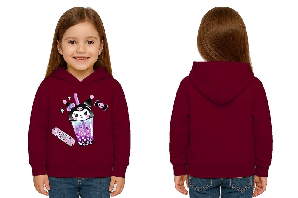 Unisex Baskılı Çocuk Swaetshirt Kapüşonlu 3 İplik Şardonlu Kuromi baskılı