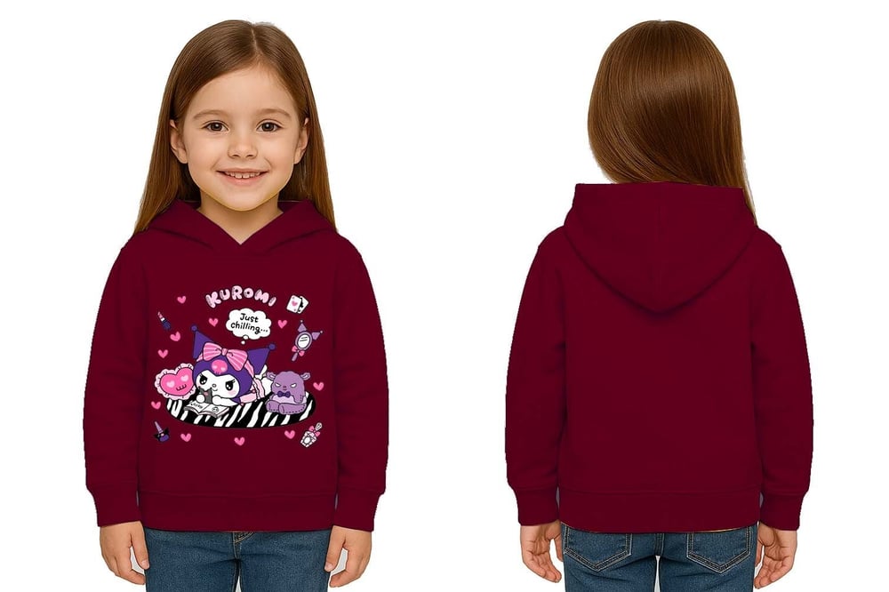 Unisex Baskılı Çocuk Swaetshirt Kapüşonlu 3 İplik Şardonlu Kuromi baskılı