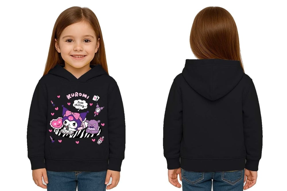 Unisex Baskılı Çocuk Swaetshirt Kapüşonlu 3 İplik Şardonlu Kuromi baskılı