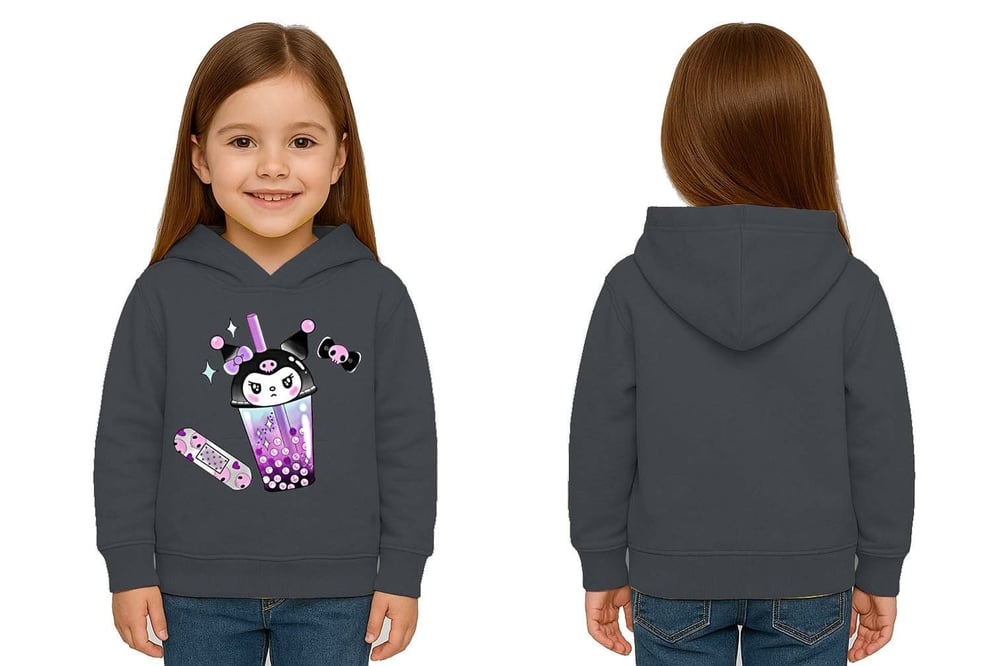 Unisex Baskılı Çocuk Swaetshirt Kapüşonlu 3 İplik Şardonlu Kuromi baskılı
