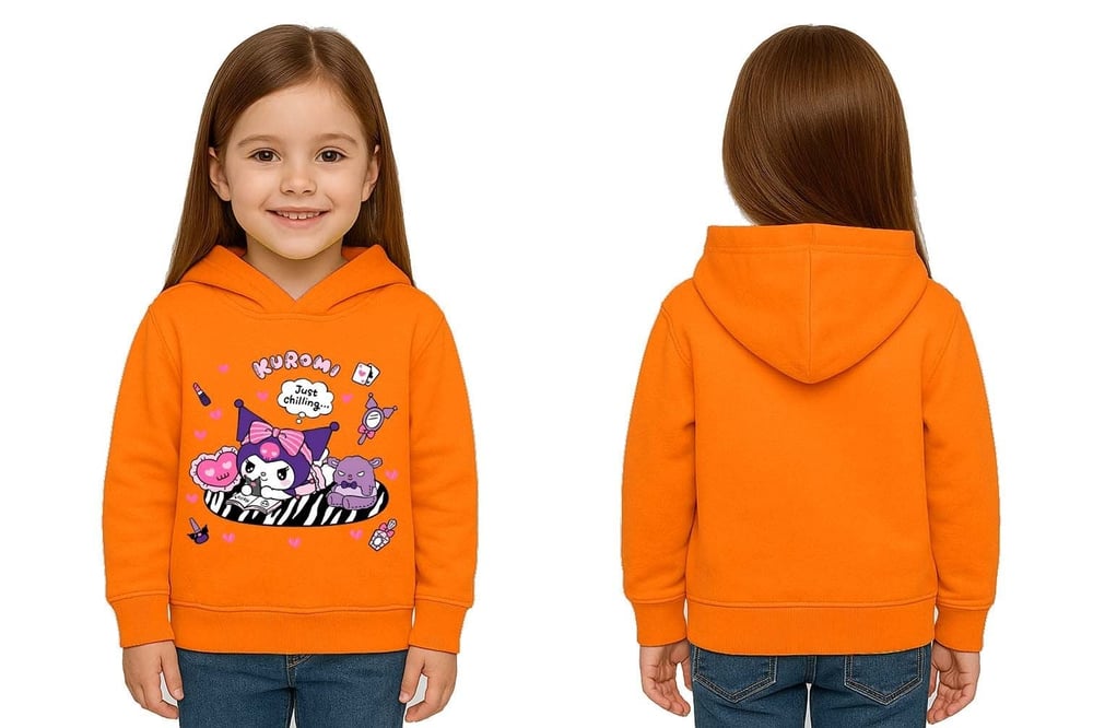 Unisex Baskılı Çocuk Swaetshirt Kapüşonlu 3 İplik Şardonlu Kuromi baskılı