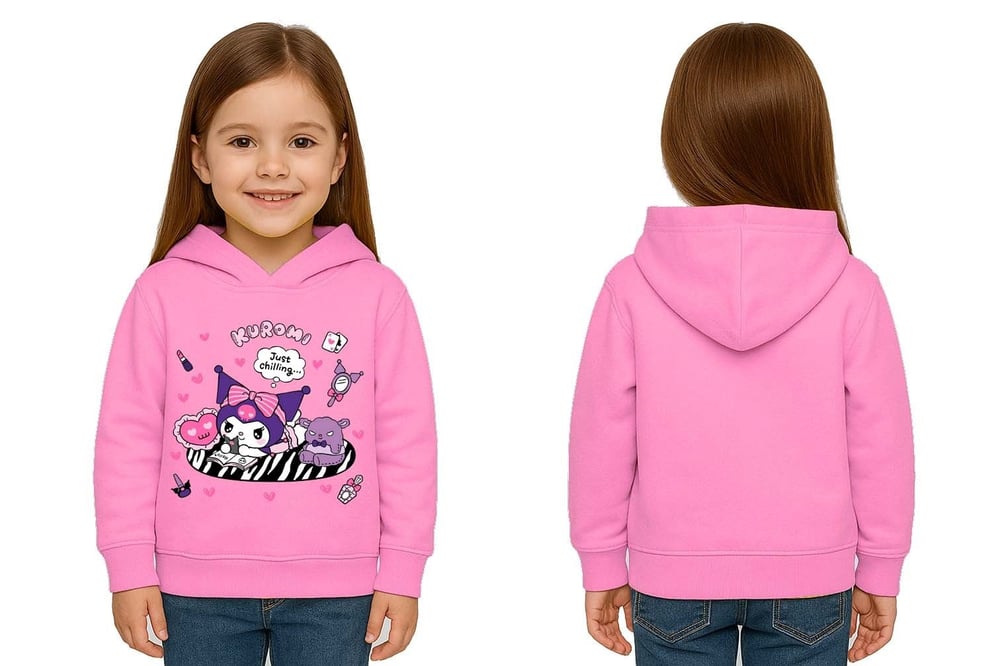 Unisex Baskılı Çocuk Swaetshirt Kapüşonlu 3 İplik Şardonlu Kuromi baskılı