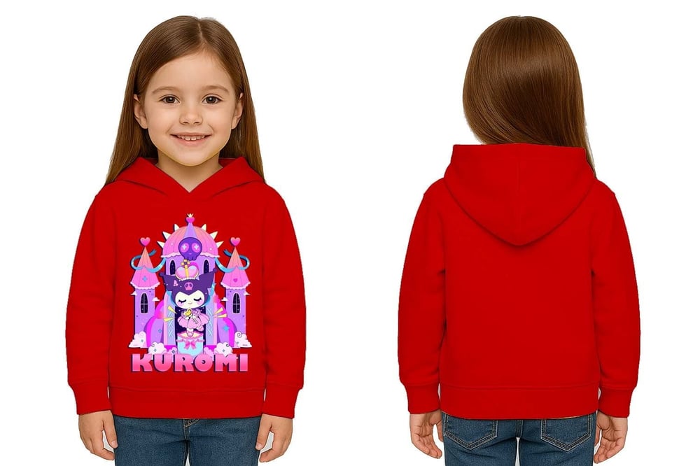 Unisex Baskılı Çocuk Swaetshirt Kapüşonlu 3 İplik Şardonlu Kuromi baskılı