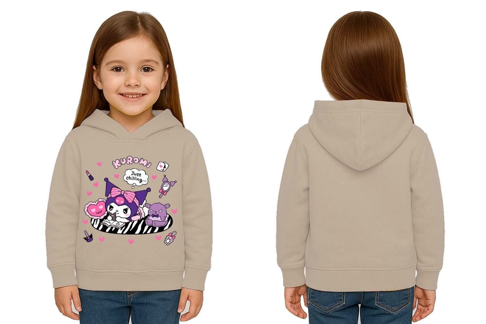 Unisex Baskılı Çocuk Swaetshirt Kapüşonlu 3 İplik Şardonlu Kuromi baskılı