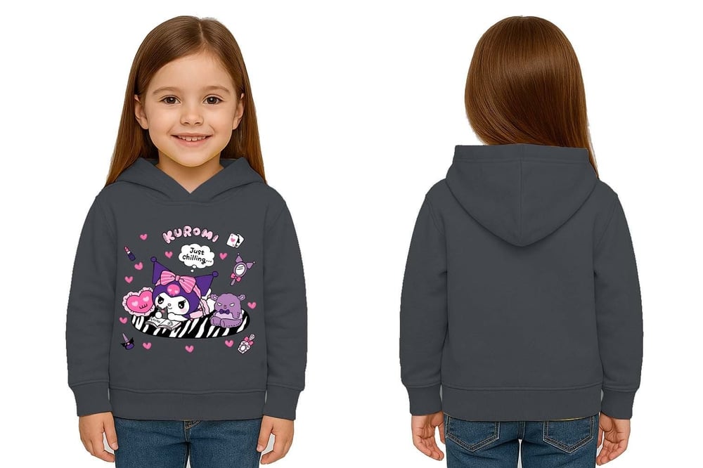 Unisex Baskılı Çocuk Swaetshirt Kapüşonlu 3 İplik Şardonlu Kuromi baskılı
