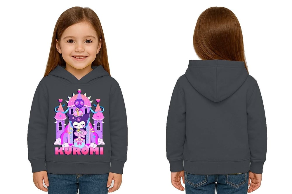 Unisex Baskılı Çocuk Swaetshirt Kapüşonlu 3 İplik Şardonlu Kuromi baskılı