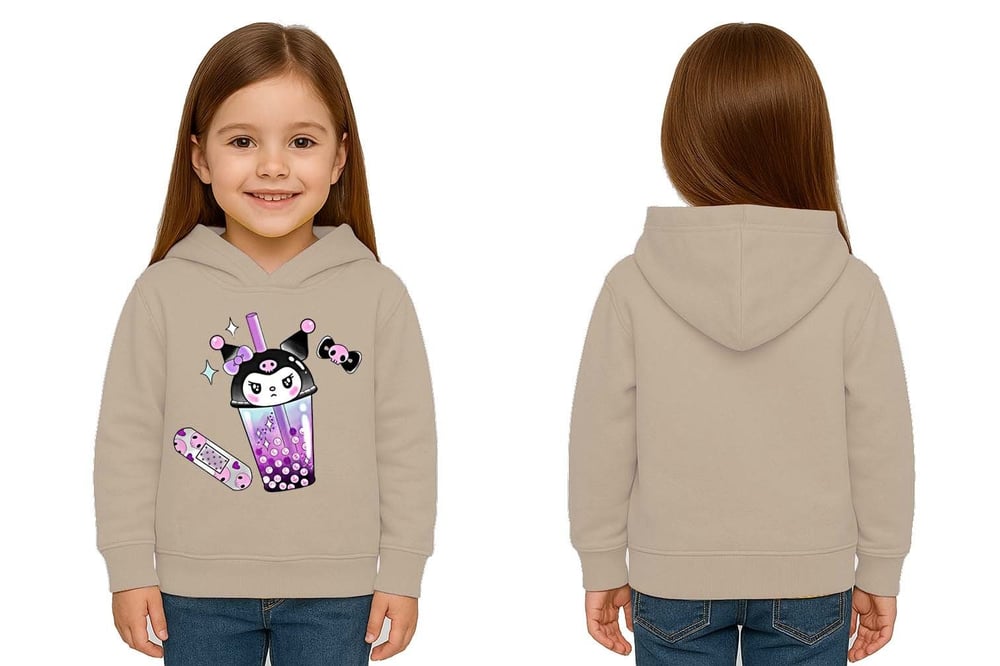 Unisex Baskılı Çocuk Swaetshirt Kapüşonlu 3 İplik Şardonlu Kuromi baskılı