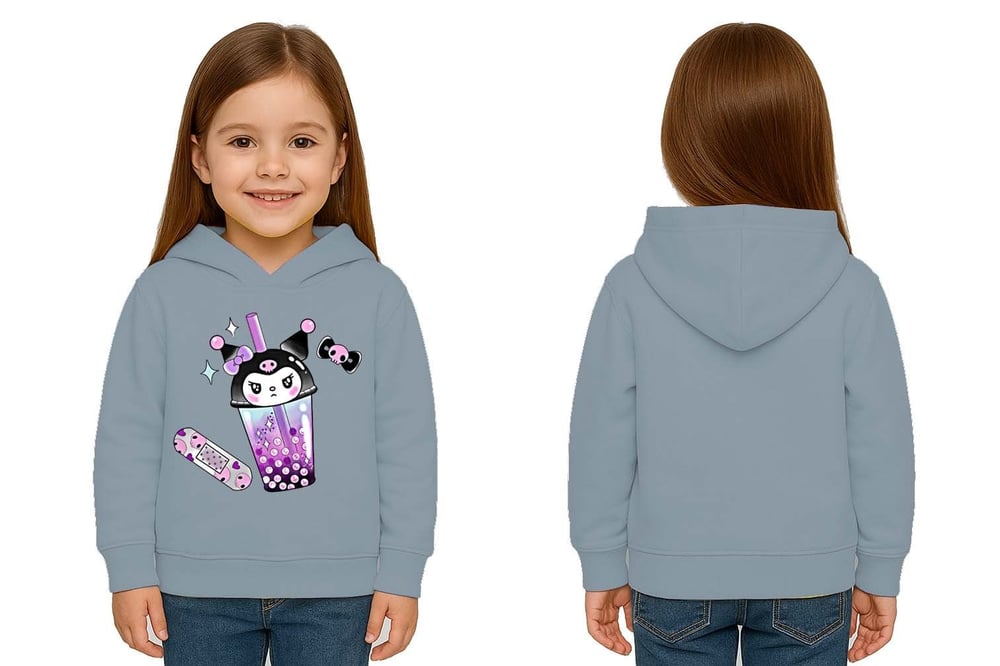 Unisex Baskılı Çocuk Swaetshirt Kapüşonlu 3 İplik Şardonlu Kuromi baskılı