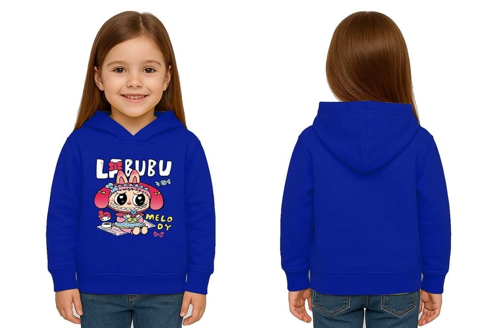 Unisex Baskılı Çocuk Swaetshirt Labubu Baskılı Kapüşonlu 3 İplik Şardonlu