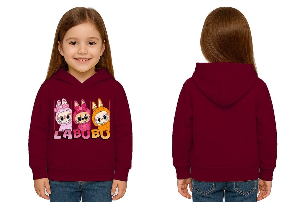Unisex Baskılı Çocuk Swaetshirt Labubu Baskılı Kapüşonlu 3 İplik Şardonlu