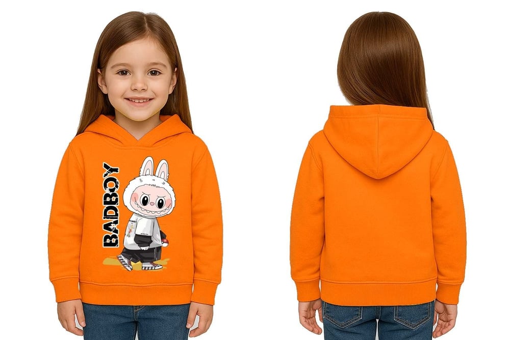 Unisex Baskılı Çocuk Swaetshirt Labubu Baskılı Kapüşonlu 3 İplik Şardonlu