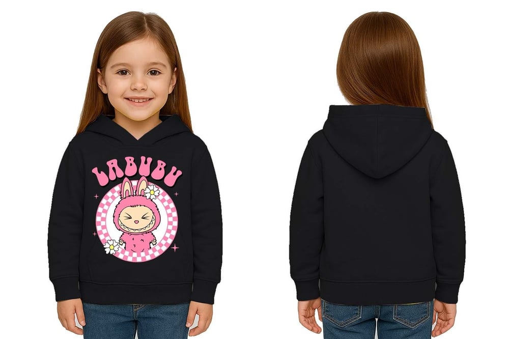 Unisex Baskılı Çocuk Swaetshirt Labubu Baskılı Kapüşonlu 3 İplik Şardonlu