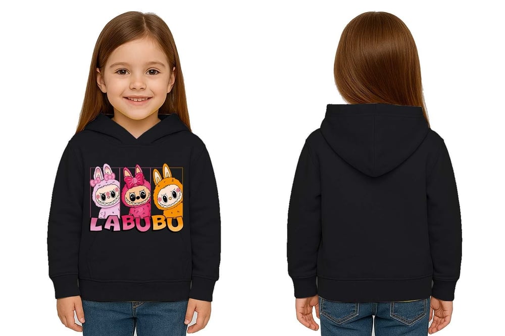Unisex Baskılı Çocuk Swaetshirt Labubu Baskılı Kapüşonlu 3 İplik Şardonlu