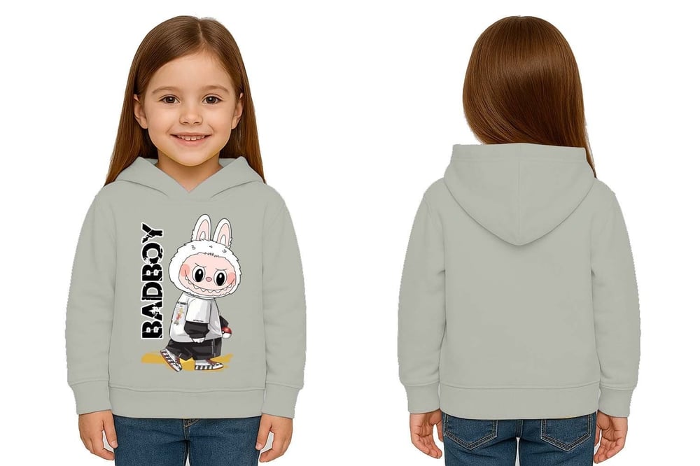 Unisex Baskılı Çocuk Swaetshirt Labubu Baskılı Kapüşonlu 3 İplik Şardonlu