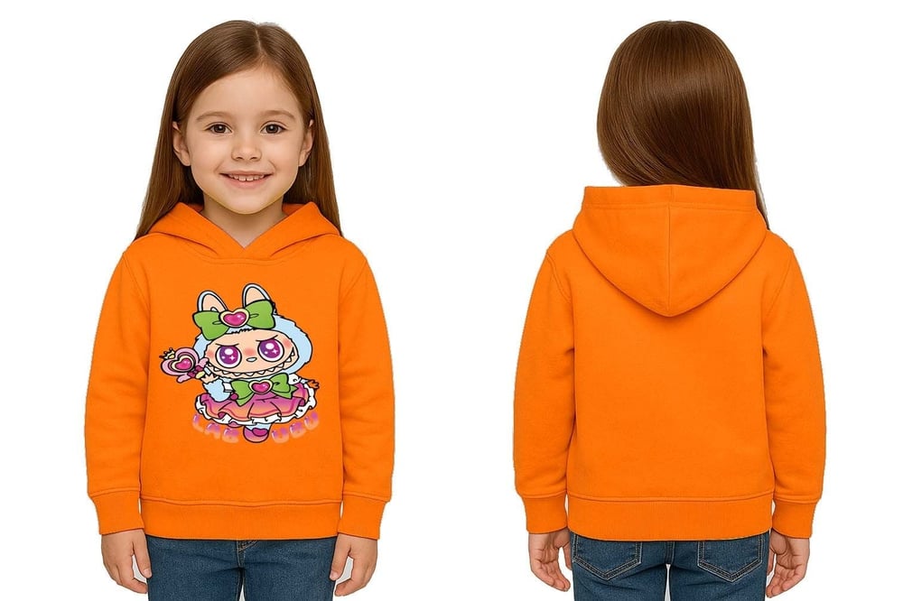 Unisex Baskılı Çocuk Swaetshirt Labubu Baskılı Kapüşonlu 3 İplik Şardonlu