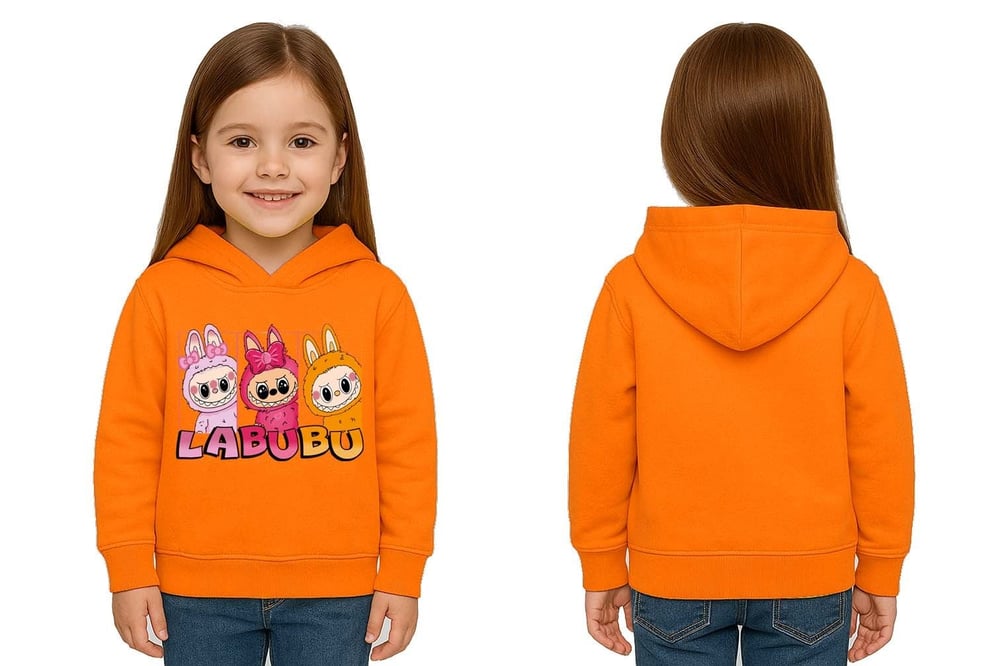 Unisex Baskılı Çocuk Swaetshirt Labubu Baskılı Kapüşonlu 3 İplik Şardonlu